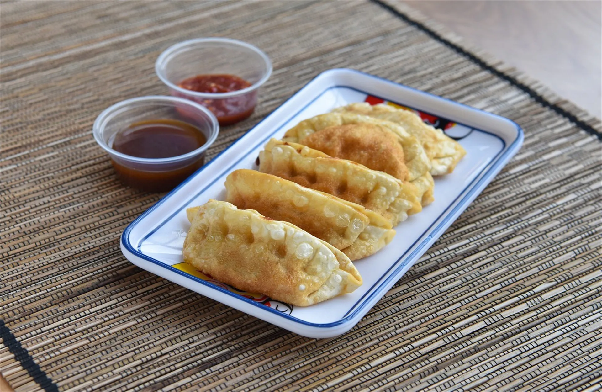 Pan-fried dumplings with two dipping sauces at Magic Wok, a Asian Restaurant in Tupelo